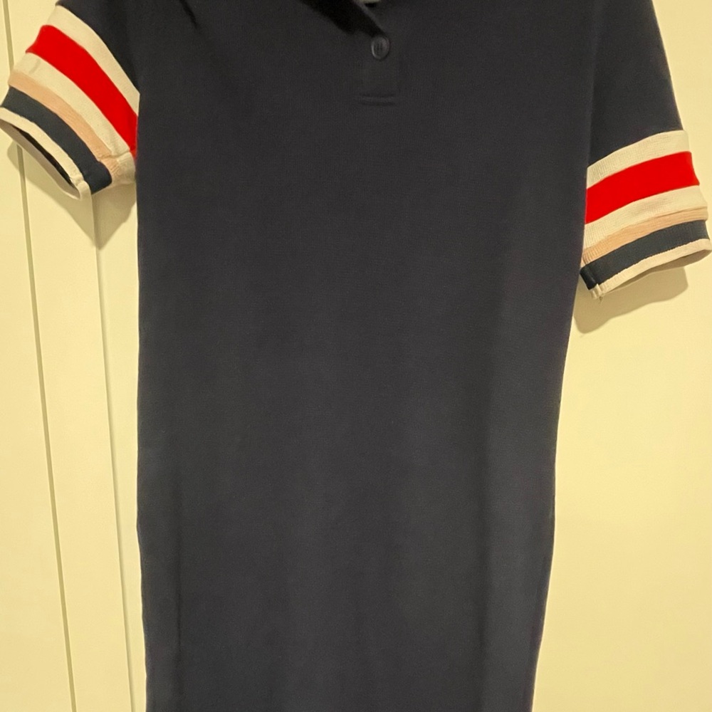 Navy Polo Dress with Striped Sleeves